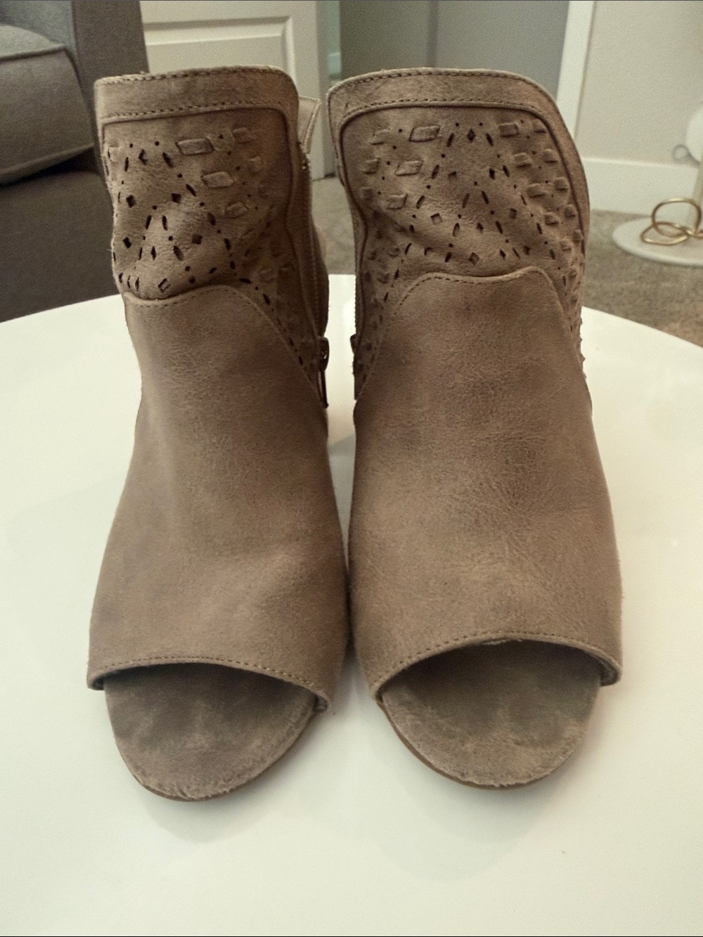 Fergalicious Women's Taupe Suede Peep-Toe Ankle Booties